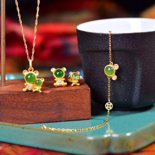 古法银镶嵌和田玉碧玉小熊套装